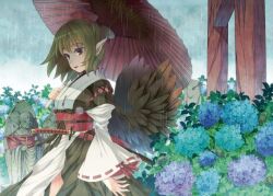  bad_id bad_pixiv_id bird_wings black_wings blue_flower bush earrings expressionless feathered_wings female flower hat hydrangea jewelry jizou kourindou_tengu_costume looking_away looking_down obi official_alternate_costume ogino_(oginogino) oil-paper_umbrella pointy_ears purple_flower rain red_eyes sageo sash scabbard shameimaru_aya sheath sheathed solo statue sword tengu tokin_hat torii touhou umbrella wakizashi weapon wings 