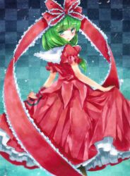  bad_id bad_pixiv_id bow checkered_background dress female front_ponytail green_eyes green_hair hairbow kagiyama_hina long_hair marker_(medium) shiyun skirt_hold solo touhou traditional_media 