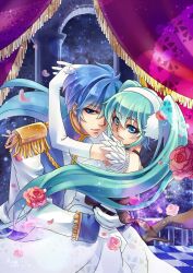  1boy akane_(xichris) aqua_hair blue_eyes blue_hair cendrillon_(vocaloid) checkered_floor choker commentary_request curtains doily elbow_gloves epaulettes female flower gloves green_hair hatsune_miku kaito_(vocaloid) long_hair petals pink_flower pink_rose rose twintails vocaloid 