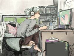  aqua_hair barefoot bookshelf bottle chair commentary_request computer drawing drawing_tablet female from_side hair_bun headphones highres indoors knee_up monitor muraka_(ka_or_i) office_chair original panties profile room short_hair single_hair_bun sitting solo striped_clothes striped_panties stylus swivel_chair tissue_box underwear water_bottle 