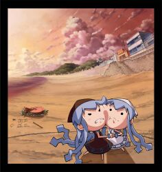  2girls beach black_border border cheek-to-cheek chibi cloud commentary_request evening fighting heads_together ikamusume kuro-mini-ikamusume mini-ikamusume mini_person minigirl multiple_girls ocean sam_(nakabashi) sand seaside shinryaku!_ikamusume shrimp sky sumo tally 