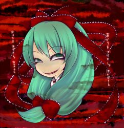  bad_id bad_pixiv_id blood bow female frills front_ponytail green_eyes green_hair hair_ribbon kagiyama_hina koishi_komeiji&#039;s_heart-throbbing_adventure long_hair looking_up ribbon smile solo tmk_(tmk92) touhou translated troll_face 