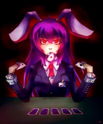  animal_ears breasts card card_in_mouth card_in_pocket commentary_request daigada female glowing glowing_eyes holding holding_card medium_breasts mouth_hold necktie playing_card poker rabbit_ears red_eyes red_necktie reisen_udongein_inaba solo touhou 