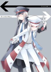  2boys brothers coat commentary_request emmet_(pokemon) gloves grey_eyes hat ingo_(pokemon) male_focus multiple_boys necktie peaked_cap pokemon pokemon_bw sagami_rin siblings translation_request twins white_hair 