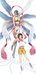  2girls absurdres angel_wings angewomon anklet armpits arms_up asymmetrical_clothes bad_id bad_pixiv_id bare_shoulders blonde_hair brown_eyes brown_hair covered_eyes digimon digimon_(creature) digimon_adventure_02 fingerless_gloves gloves hair_ornament hairclip head_wings helmet high_heels highres holding_hands jewelry long_hair midriff multiple_girls multiple_wings navel open_mouth photoshop_(medium) ribbon seraph shoes short_hair shorts simple_background thigh_strap tsukikanade wings yagami_hikari 