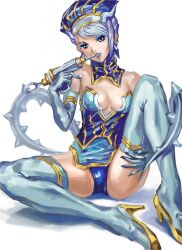  bare_shoulders blue_eyes blue_hair blue_rose boots breasts cleavage commentary_request crystal_earrings earrings elbow_gloves female fingernails gloves gun hat high_heels highres jewelry karina_lyle konta lipstick makeup medium_breasts photoshop_(medium) shoes short_hair solo spread_legs superhero_costume thigh_boots thighhighs tiger_&amp;_bunny weapon 