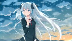  blue_eyes blue_hair cloud commentary_request dress female hair_ribbon hand_on_own_chest hatsune_miku kurasawa_moko long_hair multicolored_eyes purple_eyes ribbon sky snowing solo twintails vocaloid wind 