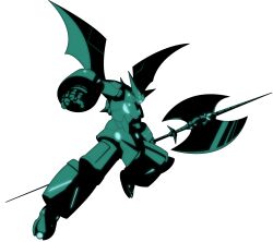  axe bat_wings battle_axe blue_theme chuunioniika crossover full_body fusion getter_robo glowing glowing_eyes highres huge_weapon lagann mecha monochrome no_humans robot shin_getter-1 super_robot tengen_toppa_gurren_lagann transparent_background weapon wings 