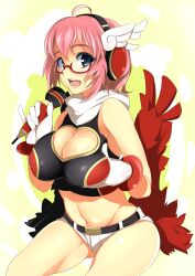  ahoge bad_id bad_pixiv_id blue_eyes breast_lift breasts cleavage cleavage_cutout clothing_cutout crop_top female glasses gloves headphones kyoutensei_hibiki large_breasts low_wings microphone midriff navel nishimuku_meri open_mouth pink_hair pinky_out red-framed_eyewear scarf shinrabanshou short_shorts shorts solo white_gloves white_shorts wings 