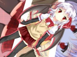  alternate_costume bad_id bad_pixiv_id bat_(animal) bat_wings black_thighhighs blue_hair blush checkered_clothes checkered_skirt female hair_ribbon jewelry mayuzumi_makiha no_headwear pendant red_eyes remilia_scarlet ribbon school_uniform shirt short_hair skirt solo sweater sweater_vest thighhighs touhou wings wristband zettai_ryouiki 