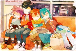  5boys backpack bad_id bad_pixiv_id bag blue_hair brown_hair casual closed_eyes green_hair headband inazuma_eleven_(series) inazuma_eleven_go kageyama_hikaru kariya_masaki male_focus matsukaze_tenma motto_(night_wear) multiple_boys nishizono_shinsuke open_mouth photoshop_(medium) sleeping smile stuffed_animal stuffed_toy teddy_bear train_interior tsurugi_kyousuke 