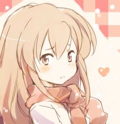  :&lt; aisaka_taiga brown_eyes brown_hair commentary_request female heart long_hair looking_at_viewer scarf shirotaka_(shirotaka) solo toradora! upper_body 