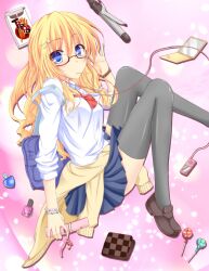  alternate_costume bespectacled blonde_hair blue_eyes cellphone cellphone_charm cellphone_strap charm_(object) colorized commentary_request female flask_(pandora) glasses highres kirisame_marisa noumin phone school_uniform sleeves_pushed_up solo thighhighs toppo touhou 