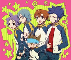  5boys bad_id bad_pixiv_id blue_eyes blue_hair brown_eyes brown_hair frown hand_in_pocket headband inazuma_eleven_(series) inazuma_eleven_go kageyama_hikaru kariya_masaki male_focus matsukaze_tenma multiple_boys nishizono_shinsuke open_mouth purple_hair smile sweatdrop track_suit tsurugi_kyousuke yellow_eyes yuruya_(emlot) 