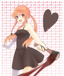  axe bad_id bad_pixiv_id bare_shoulders blood blush bow breasts dress female gasai_yuno hairbow hatchet_(axe) heart konbu_ame long_hair medium_breasts mirai_nikki open_mouth pink_eyes pink_hair smile solo twintails weapon yandere 