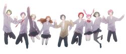  4girls 5boys ayasaki_remi brown_hair cardigan closed_eyes commentary_request glasses green_hair happy highres holding_hands hori-san_to_miyamura-kun hori_kyouko ishikawa_tooru iura_shuu jumping kouno_sakura long_hair miyamura_izumi multiple_boys multiple_girls necktie osatou_(cukr) purple_hair red_hair school_uniform sengoku_kakeru short_hair simple_background skirt smile sweater twintails yanagi_akane yoshikawa_yuki_(hori-san_to_miyamura-kun) 