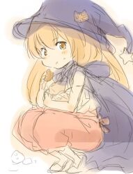  aisaka_taiga brown_eyes brown_hair cape commentary_request cookie eating female food halloween hat long_hair shirotaka_(shirotaka) solo squatting toradora! witch_hat 