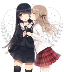  2girls ;o black_hair black_legwear blazer blunt_bangs blush brown_hair commentary_request hair_ornament hair_ribbon hairclip half_updo heart hime_cut jacket kissing kurasawa_moko light_brown_hair long_hair multiple_girls one_eye_closed open_mouth original photoshop_(medium) plaid plaid_skirt pleated_skirt purple_eyes ribbon school_uniform serafuku skirt thighhighs white_thighhighs yuri zettai_ryouiki 