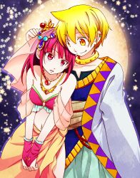  1boy ali_baba_saluja bare_shoulders blonde_hair choker commentary_request female gem gloves harem_outfit highres jewelry kotosan magi_the_labyrinth_of_magic morgiana navel photoshop_(medium) red_eyes red_hair smile yellow_eyes 