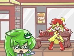  2girls annoyed bench blonde_hair bloomers blush burger clown_nose commentary_request cosplay fast_food flandre_scarlet food green_hair highres kochiya_sanae kuso_miso_technique long_hair mcdonald&#039;s multiple_girls necktie parody puyopuyo puyopuyo_fever ronald_mcdonald ronald_mcdonald_(cosplay) scared style_parody suanhongzao tears touhou translated underwear wings yaranaika yukkuri_shiteitte_ne 