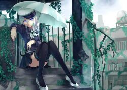  ama_no_jaku_(vocaloid) black_thighhighs blue_eyes commentary_request female green_hair gumi hair_between_eyes hat high_heels highres jack_amano long_hair retsuna shoes sitting solo thighhighs umbrella vocaloid 