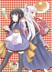  2girls alternate_costume anmitsu_(dessert) apron black_hair black_legwear blue_hakama blunt_bangs bow cake commentary_request cup dress eating floral_print food fork fruit fujiwara_no_mokou hairbow hakama highres holding holding_cup holding_fork holding_plate houraisan_kaguya ice_cream ice_cream_cone japanese_clothes kimono long_hair maid multiple_girls open_mouth pancake parfait plaid plaid_background plate purple_kimono red_eyes ribbon snowflyer strawberry strawberry_parfait strawberry_shortcake sundae thighhighs touhou very_long_hair wa_maid white_hair zettai_ryouiki 