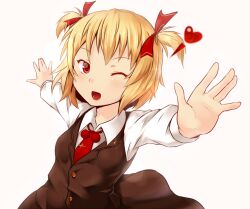  alternate_hairstyle ayagi_daifuku blonde_hair blush commentary_request female hair_ribbon heart one_eye_closed open_mouth outstretched_arms red_eyes ribbon rumia shirt short_hair skirt skirt_set solo touhou twintails vest 