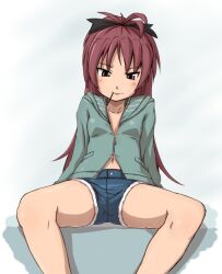  4shi blue_shorts bow commentary_request denim denim_shorts female food hairbow long_hair mahou_shoujo_madoka_magica mahou_shoujo_madoka_magica_(anime) mouth_hold navel pocky red_eyes red_hair sakura_kyoko shorts solo spread_legs 