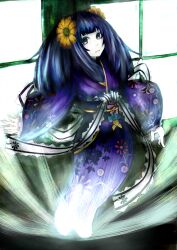  bad_id bad_pixiv_id blue_eyes blue_hair chiyo_(fragile) female floating flower fragile:_sayonara_tsuki_no_haikyo ghost hair_flower hair_ornament highres japanese_clothes kimono long_hair obata_n purple_hair short_hair smile solo spirit 