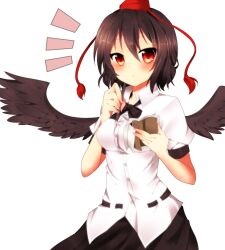  bad_id bad_pixiv_id black_hair black_wings blush female hat highres looking_at_viewer notebook pen red_eyes shameimaru_aya shirt short_hair skirt solo touhou transparent_background wings yarawi 