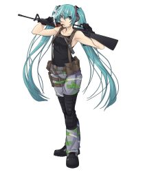  aqua_eyes aqua_hair armpits arms_up assault_rifle boots chuunioniika cigar female fingerless_gloves full_body gloves gun hatsune_miku headphones highres knife long_hair m16 m16a4 metal_gear_(series) military nail_polish pouch rifle smoking solo toned transparent_background twintails vocaloid weapon 