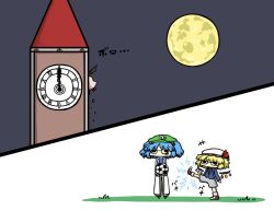  2girls agasa_hiroshi agasa_hiroshi_(cosplay) alternate_costume bad_id bad_pixiv_id ball bat_wings bespectacled black_wings blonde_hair blue_hair chibi clock clock_tower cosplay dress edogawa_conan edogawa_conan_(cosplay) flandre_scarlet full_moon gem glasses hair_bobbles hair_ornament height_difference kawashiro_nitori kicking kurokoori lab_coat meitantei_conan moon multiple_girls no_mouth no_nose remilia_scarlet roman_numeral scarlet_devil_mansion soccer_ball solid_circle_eyes stuck sweatdrop telstar touhou tower two_side_up wide_face wings 