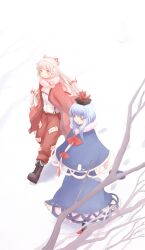  2girls blue_dress blue_hair blush capelet closed_eyes commentary_request dress earmuffs fujiwara_no_mokou gloves grey_hair hair_ribbon hat highres jacket kamishirasawa_keine kokotetsu multiple_girls open_clothes open_jacket pants pink_gloves red_eyes ribbon scarf shirt snow suspenders touhou 