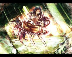  bare_legs black_hair commentary_request female grin houraisan_kaguya kusakanmuri letterboxed light_rays long_hair red_eyes skirt skirt_hold sleeveless smile solo sunbeam sunlight touhou very_long_hair water 