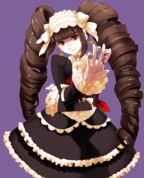  bow brown_hair celestia_ludenberg claw_ring commentary_request danganronpa:_trigger_happy_havoc danganronpa_(series) dice drill_hair female gothic_lolita hairbow lolita_fashion long_hair mekonu_(mknn) nail_polish necktie red_eyes solo twin_drills twintails 