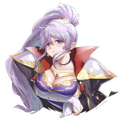  armor breasts burnt_green_tea cape choker earrings female fire_emblem fire_emblem:_genealogy_of_the_holy_war fire_emblem_heroes hair_ornament highres ishtar_(fire_emblem) jewelry large_breasts pauldrons ponytail purple_eyes purple_hair shoulder_armor upper_body 