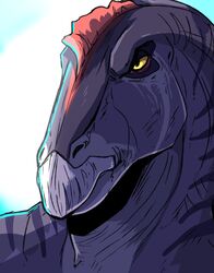  absurd_res anthro bust_portrait dinosaur extinct grey_body hi_res imperatorcaesar male mouth_closed narrowed_eyes nude portrait prehistoric_species reptile scalie simple_background solo striped_neck striped_shoulders three-quarter_view unsigned 