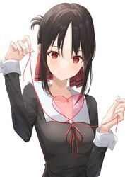  black_hair breasts closed_mouth collarbone dot_nose female folded_ponytail hair_ribbon hands_up heart heart_of_string highres holding holding_string kaguya-sama_wa_kokurasetai_~tensai-tachi_no_renai_zunousen~ kanaria_hisagi long_sleeves looking_at_viewer neck_ribbon red_eyes red_ribbon ribbon school_uniform shinomiya_kaguya shuuchiin_academy_school_uniform sidelocks simple_background small_breasts smile solo string upper_body white_background winter_uniform 