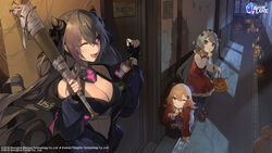  3girls ;d abercrombie_(azur_lane) azur_lane bandages baseball_bat black_gloves black_legwear black_nails black_ribbon blonde_hair blue_eyes blue_jacket blush breasts brown_hair bsue candle cleavage commentary cone_hair_bun copyright_name copyright_notice different_shadow door dot_nose dress english_commentary finger_to_mouth fingerless_gloves fingernails gloves glowworm_(azur_lane) green_eyes grey_hair grin hair_between_eyes hair_bun hair_ribbon halloween hallway halterneck holding holding_baseball_bat indoors jack-o&#039;-lantern jacket kneeling logo long_hair long_sleeves mary_janes medium_breasts medium_hair moonlight multicolored_hair multiple_girls nail nail_bat nail_polish night off_shoulder official_art on_floor one_eye_closed open_clothes open_jacket open_mouth pantyhose parted_lips partially_unzipped pink_hair purple_eyes red_dress red_footwear red_jacket ribbon san_francisco_(azur_lane) second-party_source shadow shirt shoes shushing smile sparkle standing streaked_hair teeth triangle_mouth twintails two-tone_hair watermark white_shirt window 