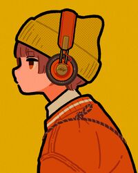  absurdres beanie brown_hair female halftone hat headphones headphones_over_headwear highres miyoshi_yoshimi original profile red_sweater short_hair simple_background solo sweater upper_body yellow_background yellow_hat 