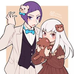  1boy alternate_costume bow bowtie brown_dress commentary do_m_kaeru dress female fire_emblem fire_emblem:_three_houses formal holding holding_stuffed_toy long_hair long_sleeves lorenz_hellman_gloucester lysithea_von_ordelia open_mouth pink_eyes purple_eyes purple_hair simple_background stuffed_animal stuffed_toy suit symbol-only_commentary teddy_bear twitter_username upper_body white_hair white_suit 