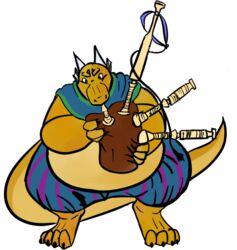  anthro bagpipes belly cape claws clothed clothing holding_musical_instrument holding_object kobold kyreden male musical_instrument obese obese_anthro obese_male overweight overweight_anthro overweight_male playing_music solo standing toe_claws topless wind_instrument woodwind_instrument 