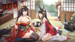  3girls :d :p animal_ear_fluff animal_ears arm_support azur_lane bell black_hair black_thighhighs blunt_bangs blush bottle breasts canine chinese_commentary choko_(cup) cleavage commentary_request cup detached_sleeves dress finger_to_own_chin fox_ears hair_between_eyes hair_ornament holding holding_cup indoors japanese_clothes jingle_bell kangetsu_(fhalei) kimono kneehighs large_breasts long_hair looking_at_viewer multiple_girls mutsu_(azur_lane) nagato_(azur_lane) off_shoulder paper_chain peeping red_dress red_eyes sake_bottle sliding_doors smile socks sword taihou_(azur_lane) tatami thighhighs tongue tongue_out tray weapon white_sleeves white_socks yellow_eyes 