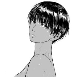  berserk casca_(berserk) closed_mouth completely_nude dark-skinned_female dark_skin female from_side greyscale looking_at_viewer looking_to_the_side monochrome nude short_hair shu-mai simple_background solo white_background 