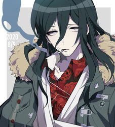  1boy absurdres bandaged_arm bandages bandaid bandaid_on_face beard black_hair cigarette collared_shirt commentary_request danganronpa_(series) danganronpa_another_episode:_ultra_despair_girls dated dress_shirt facial_hair floral_print fur-trimmed_jacket fur_trim grey_background hair_between_eyes highres jacket long_hair looking_at_viewer male_focus nekoma_hikaru red_shirt shirt smoke solo towa_haiji upper_body white_background 