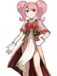  armor breastplate circlet closed_mouth female fire_emblem fire_emblem_echoes:_shadows_of_valentia frown gloves graffiti_uthn hand_on_own_hip highres long_hair looking_at_viewer mae_(fire_emblem) pelvic_curtain pink_hair red_eyes short_sleeves solo twintails white_background white_gloves 