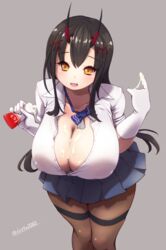  :d azur_lane black_hair blue_bow blue_skirt bow breasts brown_pantyhose buttons cleavage collarbone collared_shirt covered_nipples deto dress_shirt female gloves highres holding horns huge_breasts long_hair looking_at_viewer lotion miniskirt open_mouth orange_eyes pantyhose partially_unbuttoned pleated_skirt sexually_suggestive shirt skirt smile solo suggestive_fluid suzuya_(azur_lane) thigh_strap twitter_username unbuttoned unbuttoned_shirt white_gloves white_shirt 