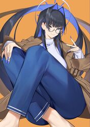  absurdres befe black_hair blue_eyes blue_nails brown_jacket colored_inner_hair crossed_legs feet_out_of_frame female glasses hair_intakes halo hand_on_own_knee highres hololive hololive_english jacket long_hair looking_at_viewer multicolored_hair orange_background ouro_kronii ouro_kronii_(casual) shirt thigh_focus very_long_hair virtual_youtuber white_shirt 