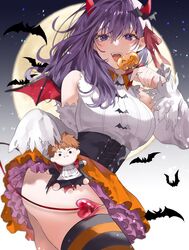  animal_print ass bare_shoulders bat_(animal) bat_print bat_wings breasts candy character_doll corset demon_girl demon_horns demon_tail demon_wings detached_sleeves doll emiya_shirou fate/stay_night fate_(series) female food frilled_skirt frills full_moon halloween halloween_costume highres horns jack-o&#039;-lantern lollipop looking_at_viewer matou_sakura moon open_mouth outdoors pumpkin purple_eyes purple_hair shimatori_(sanyyyy) shirt skirt smile solo striped_clothes striped_thighhighs tail thighhighs thighs tongue toy white_shirt wings 