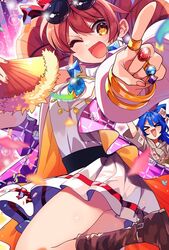  &gt;_&lt; 2girls bangle belt blue_hair bracelet coat dress drill_hair earrings eyewear_on_head folding_fan hand_fan holding holding_fan index_finger_raised jewelry katayama_kei looking_at_viewer multiple_girls necklace one_eye_closed open_mouth orange_eyes orange_hair pendant pointing purple_coat ring round_eyewear short_dress sunglasses touhou twin_drills yorigami_jo&#039;on yorigami_shion 